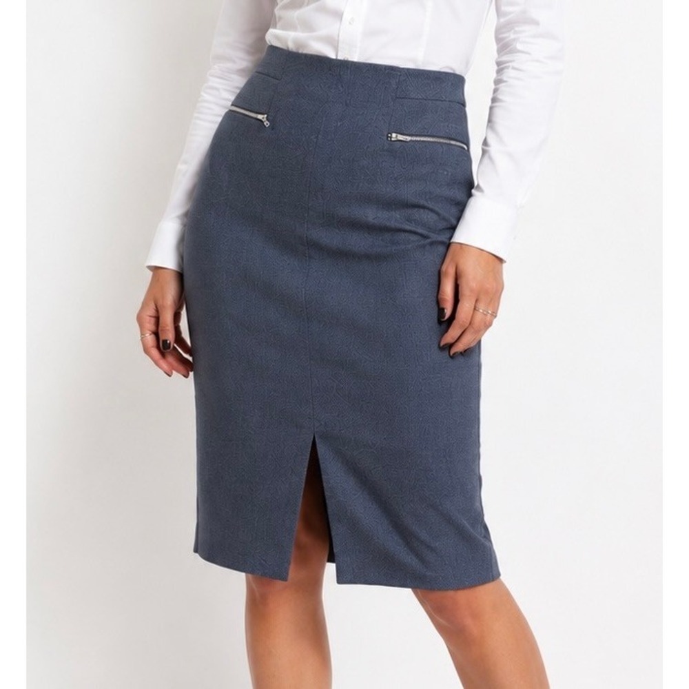 H&M Womens 8 Blue Gray Houndstooth Pencil Skirt Silver Zip Pockets Lined EUR 38
